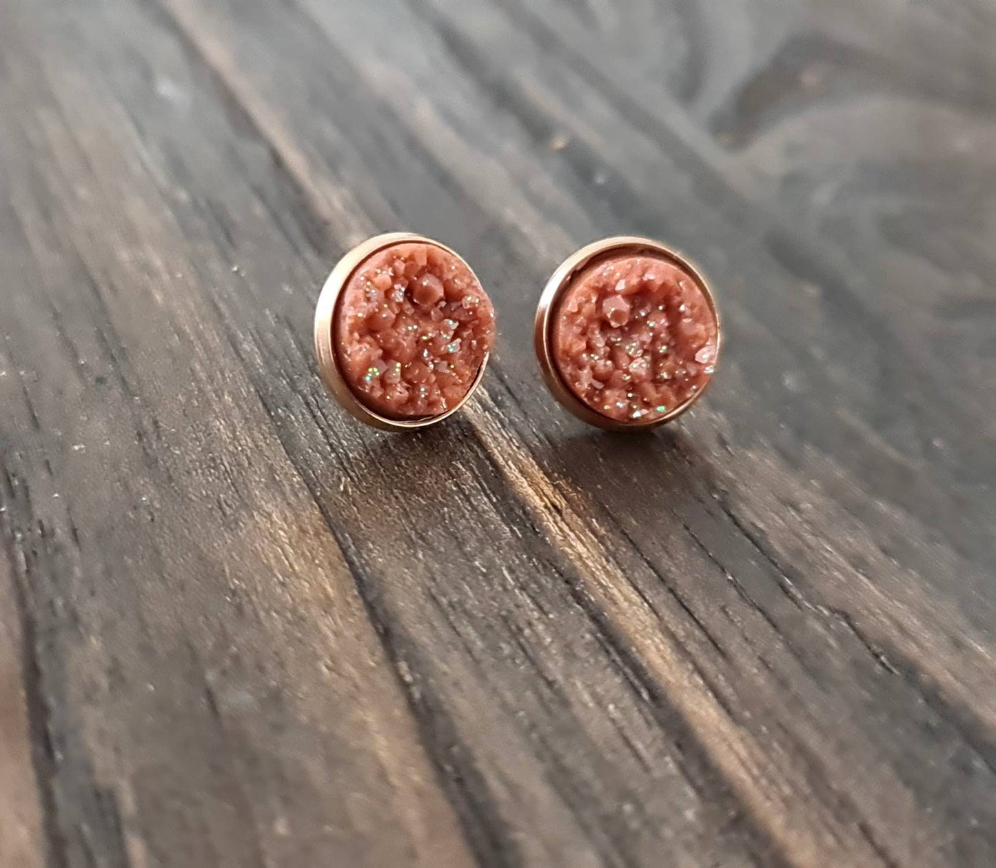 Bronze Faux Druzy Rosegold Stud Earrings, Rosegold Stainless Steel Earrings 12mm