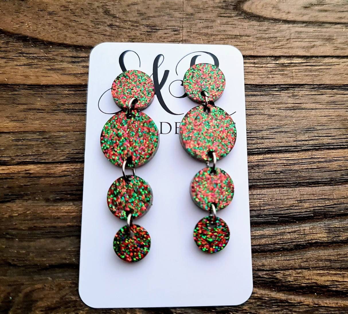 Red & Green Mix Circle Long Dangle Earrings, Christmas Statement Earrings
