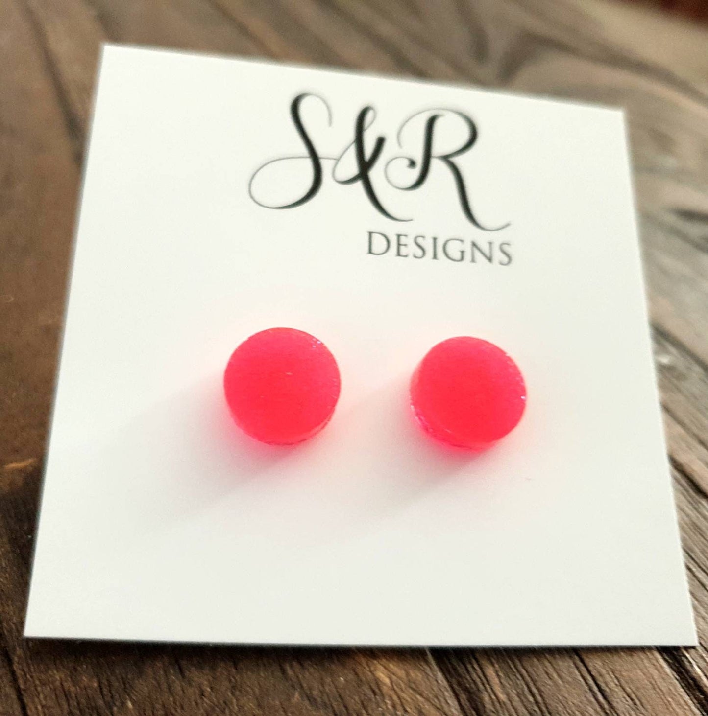 Neon Pink Circle Dot Resin Stud Earrings, Neon Fine Glitter Earrings. Stainless Steel Minimalist Studs. 15mm, 12mm, 10mm or 8mm