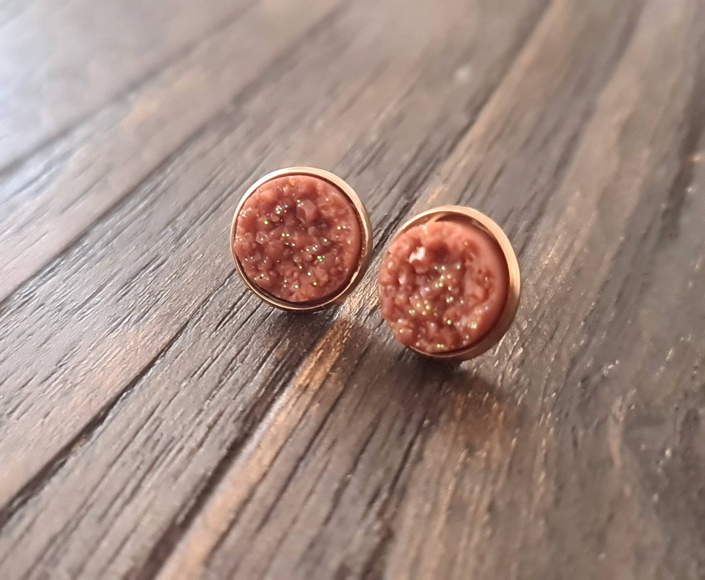 Bronze Faux Druzy Rosegold Stud Earrings, Rosegold Stainless Steel Earrings 12mm