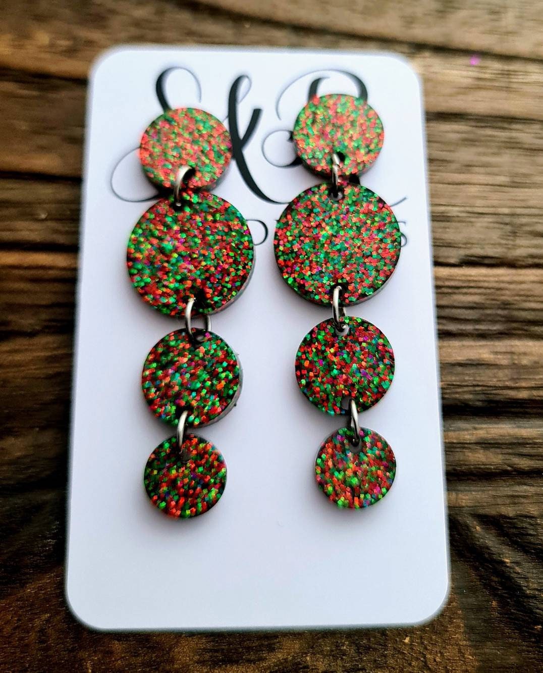 Red & Green Mix Circle Long Dangle Earrings, Christmas Statement Earrings