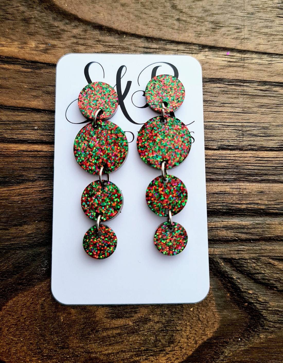 Red & Green Mix Circle Long Dangle Earrings, Christmas Statement Earrings