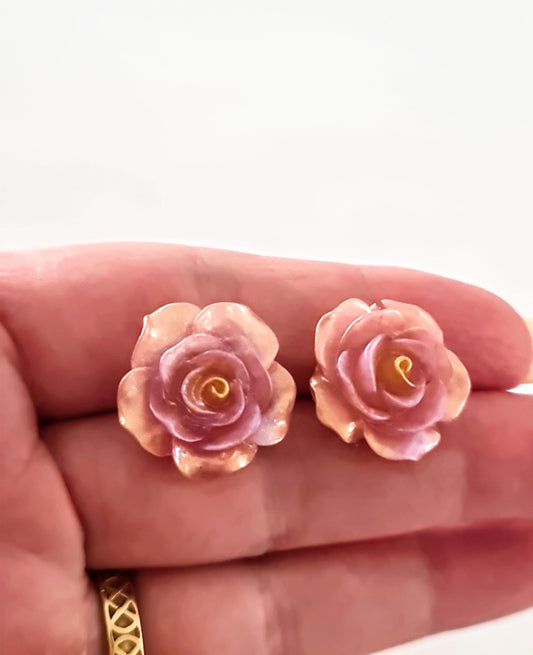 Handmade Pink Resin Rose Stud Earrings, Elegant Floral Earrings, Lightweight & Hypoallergenic, Gift for her, Flower Lover
