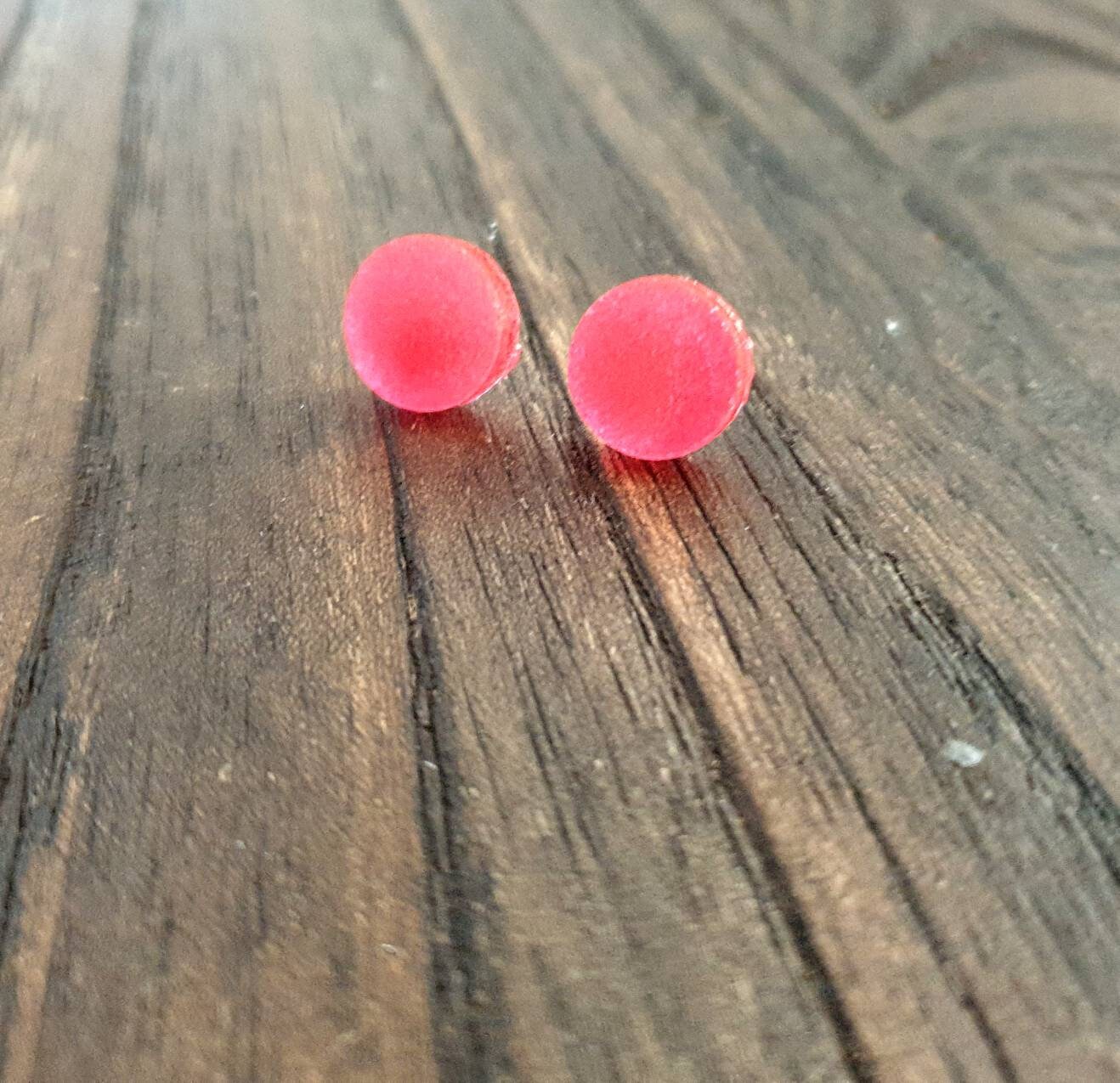 Neon Pink Circle Dot Resin Stud Earrings, Neon Fine Glitter Earrings. Stainless Steel Minimalist Studs. 15mm, 12mm, 10mm or 8mm