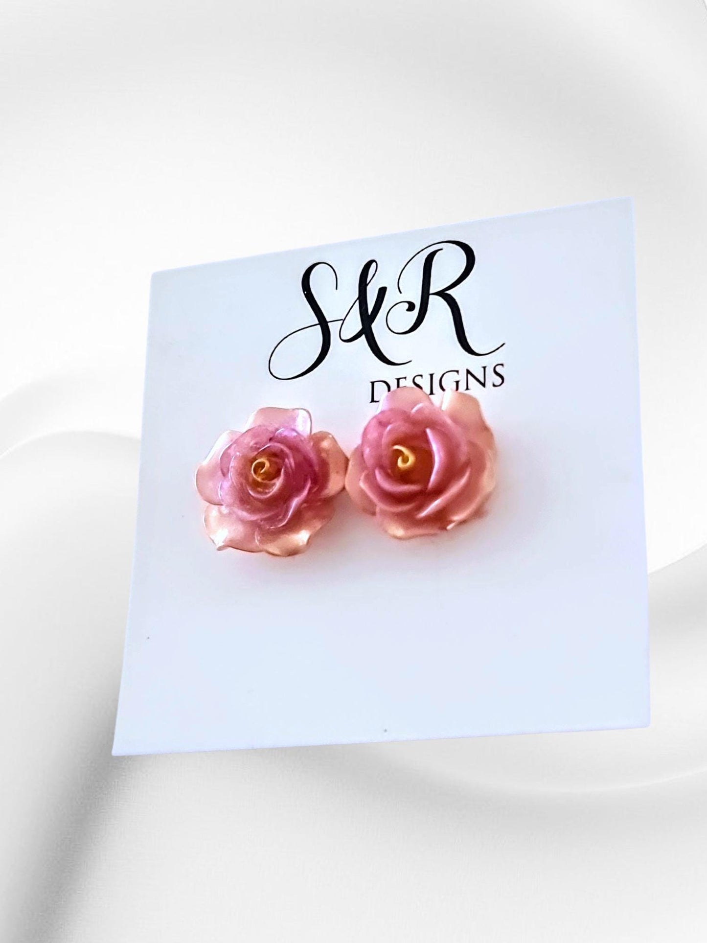 Handmade Pink Resin Rose Stud Earrings, Elegant Floral Earrings, Lightweight & Hypoallergenic, Gift for her, Flower Lover