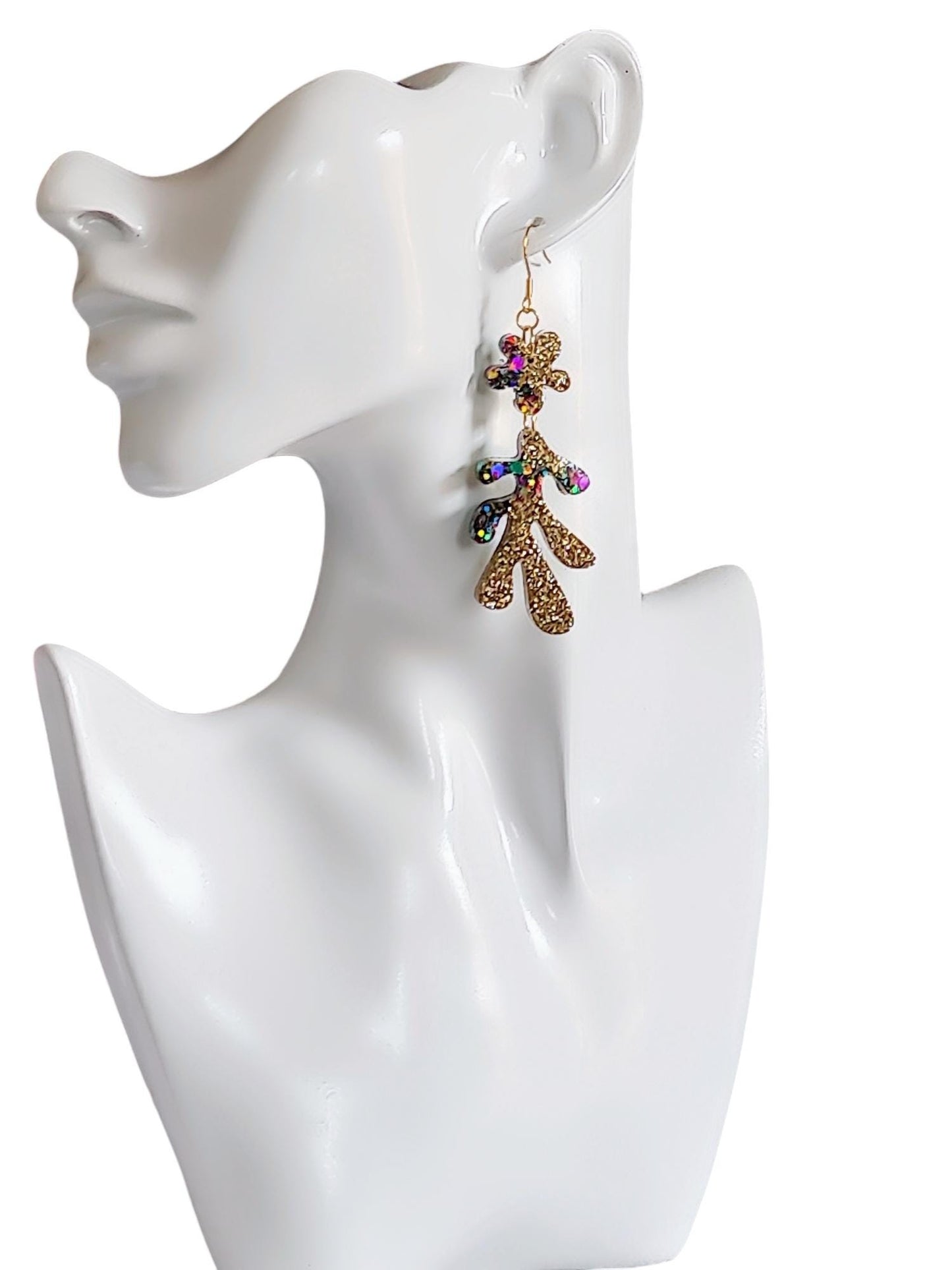 Gold Flower Leaves Dangle Drop Earrings, Gold Holographic, Teal, Purple Mix Glitter Dangles, Statement Earrings Stainless Steel, Lightweight