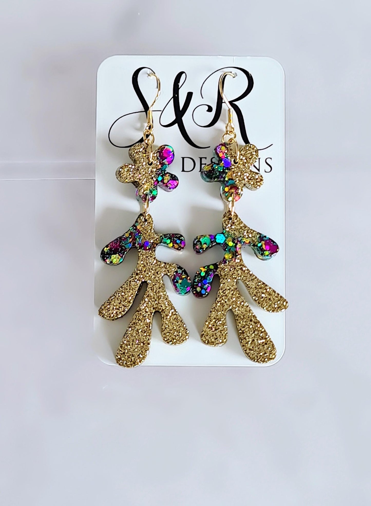 Gold Flower Leaves Dangle Drop Earrings, Gold Holographic, Teal, Purple Mix Glitter Dangles, Statement Earrings Stainless Steel, Lightweight