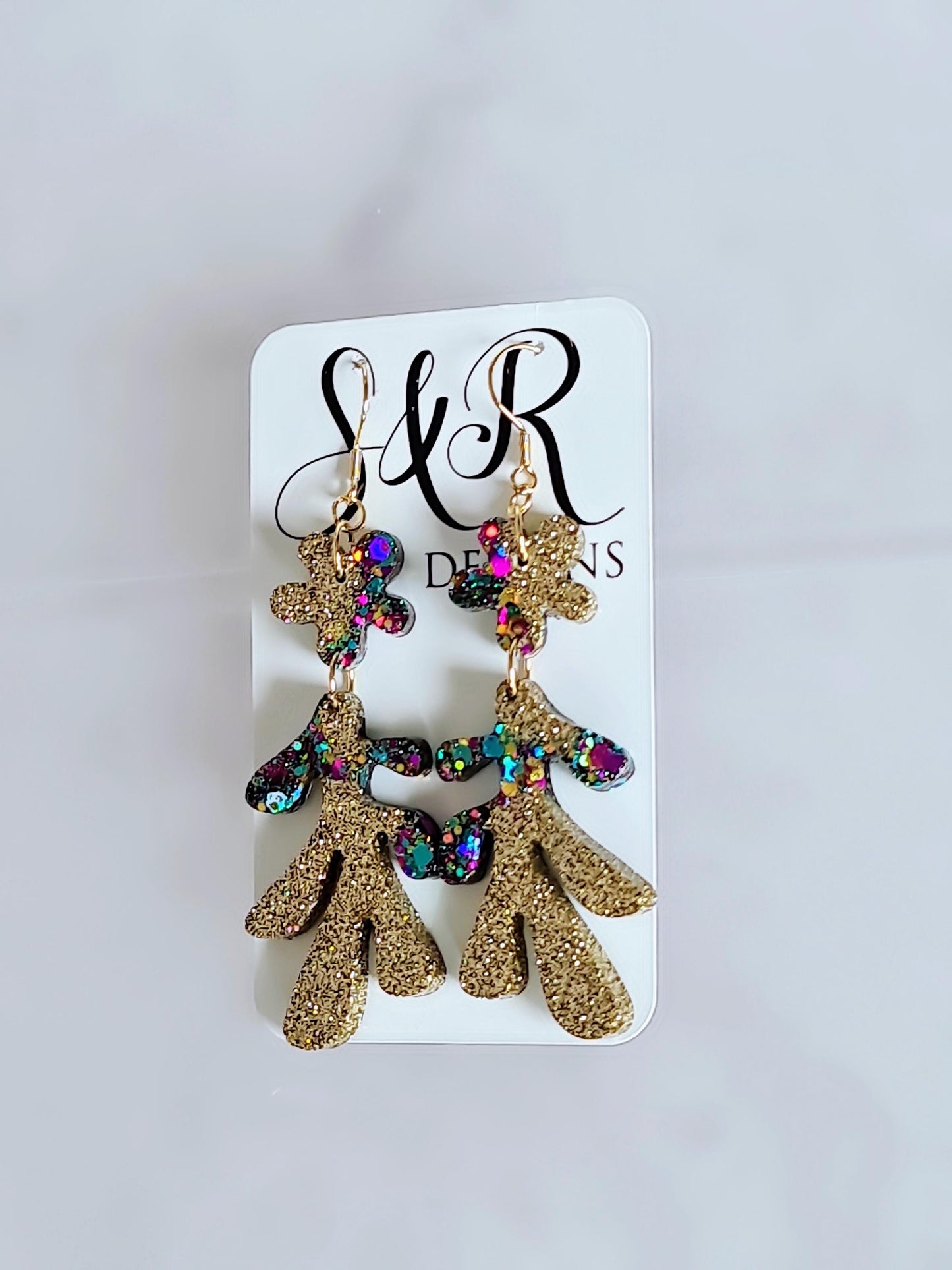 Gold Flower Leaves Dangle Drop Earrings, Gold Holographic, Teal, Purple Mix Glitter Dangles, Statement Earrings Stainless Steel, Lightweight