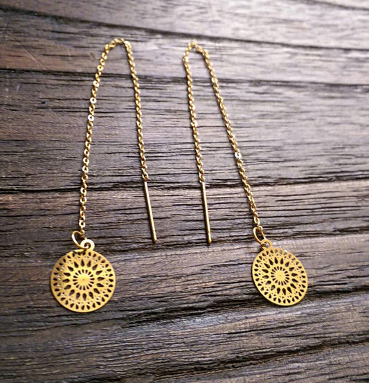Circle Threaders, Filigree Gold Stainless Steel, Dangle Thread Earrings, Gold Thread Earrings.