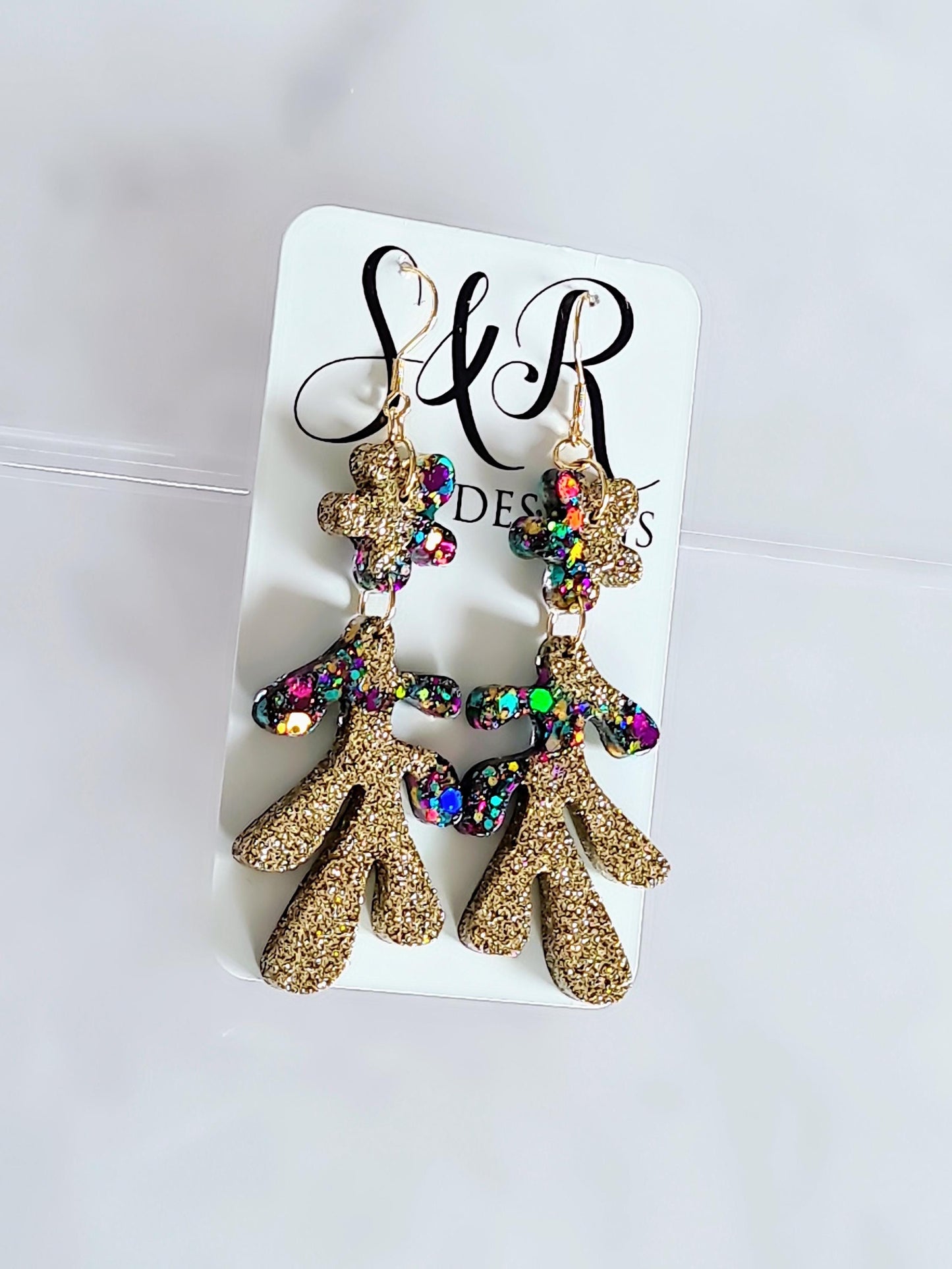 Gold Flower Leaves Dangle Drop Earrings, Gold Holographic, Teal, Purple Mix Glitter Dangles, Statement Earrings Stainless Steel, Lightweight