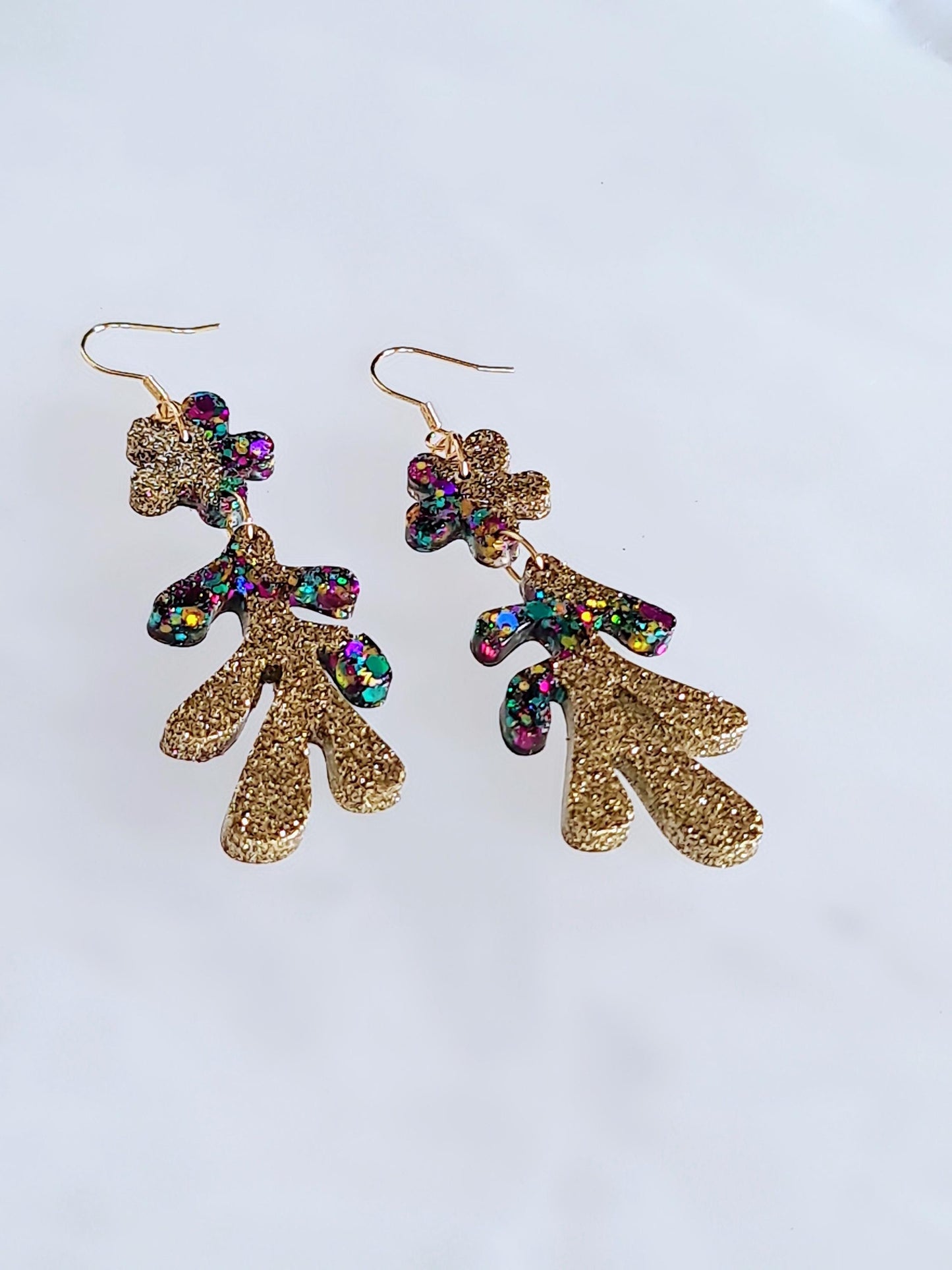 Gold Flower Leaves Dangle Drop Earrings, Gold Holographic, Teal, Purple Mix Glitter Dangles, Statement Earrings Stainless Steel, Lightweight