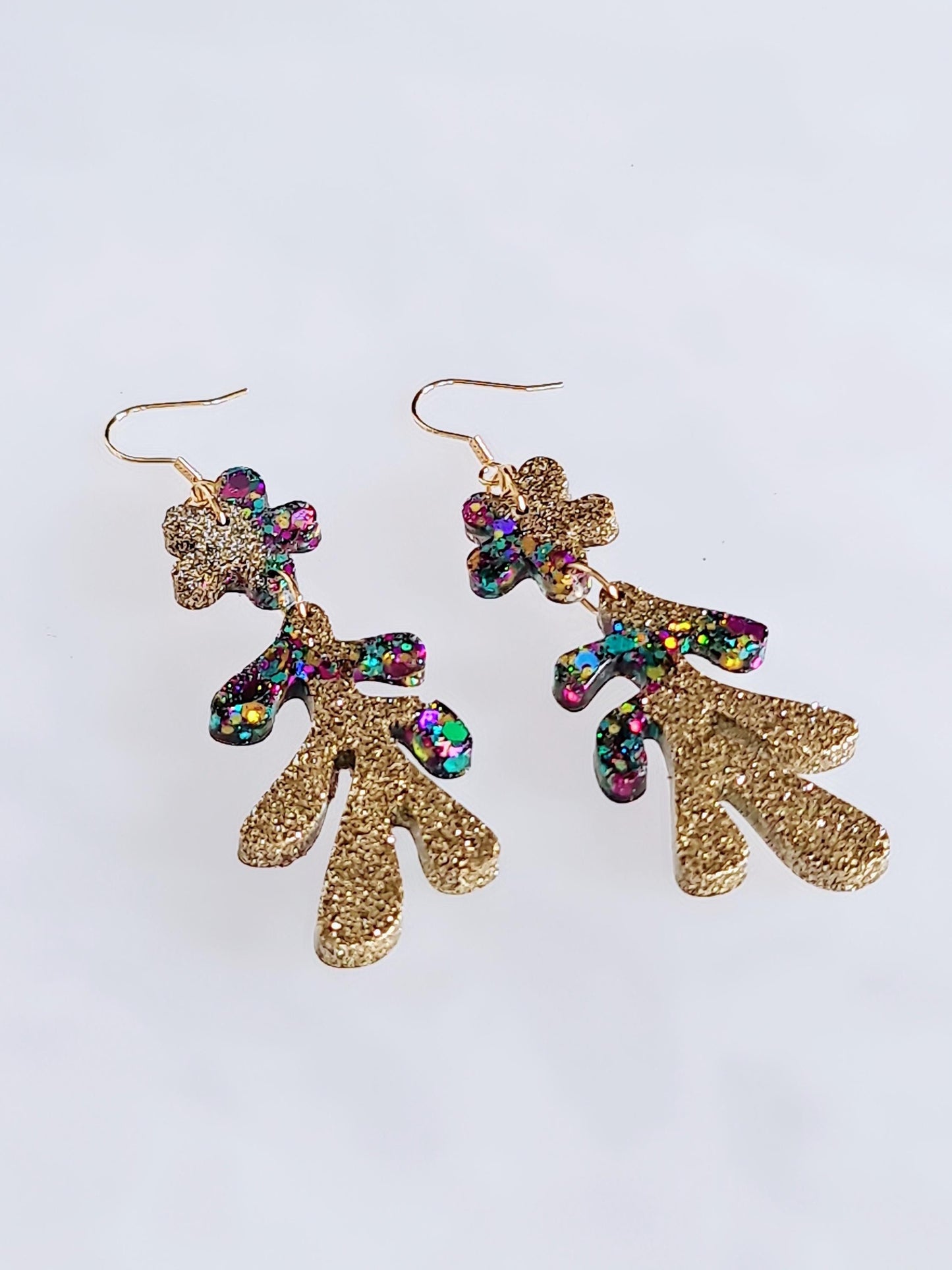 Gold Flower Leaves Dangle Drop Earrings, Gold Holographic, Teal, Purple Mix Glitter Dangles, Statement Earrings Stainless Steel, Lightweight