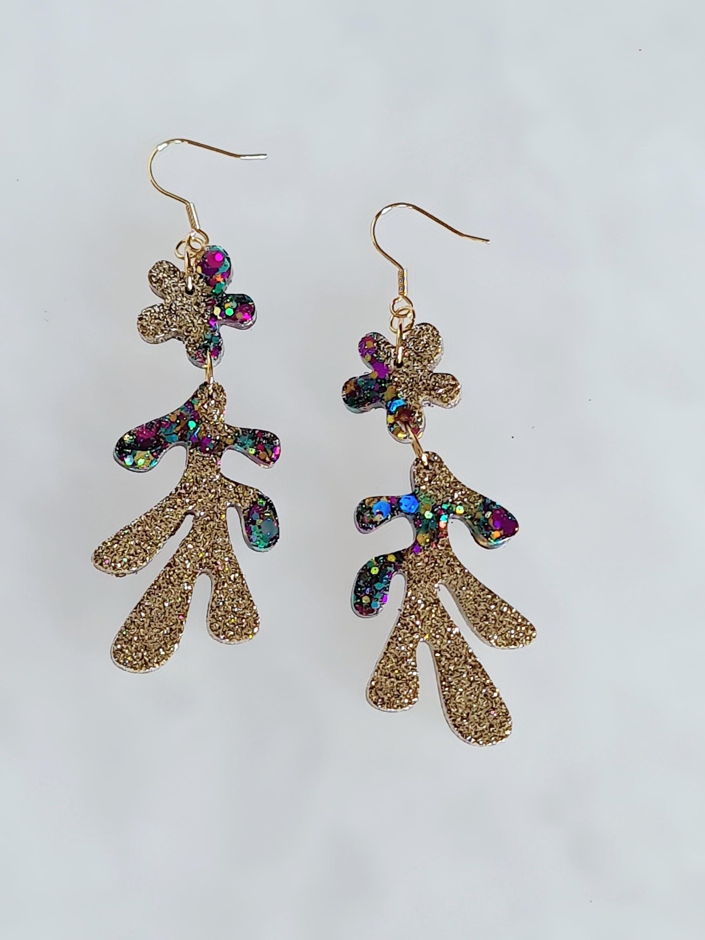 Gold Flower Leaves Dangle Drop Earrings, Gold Holographic, Teal, Purple Mix Glitter Dangles, Statement Earrings Stainless Steel, Lightweight