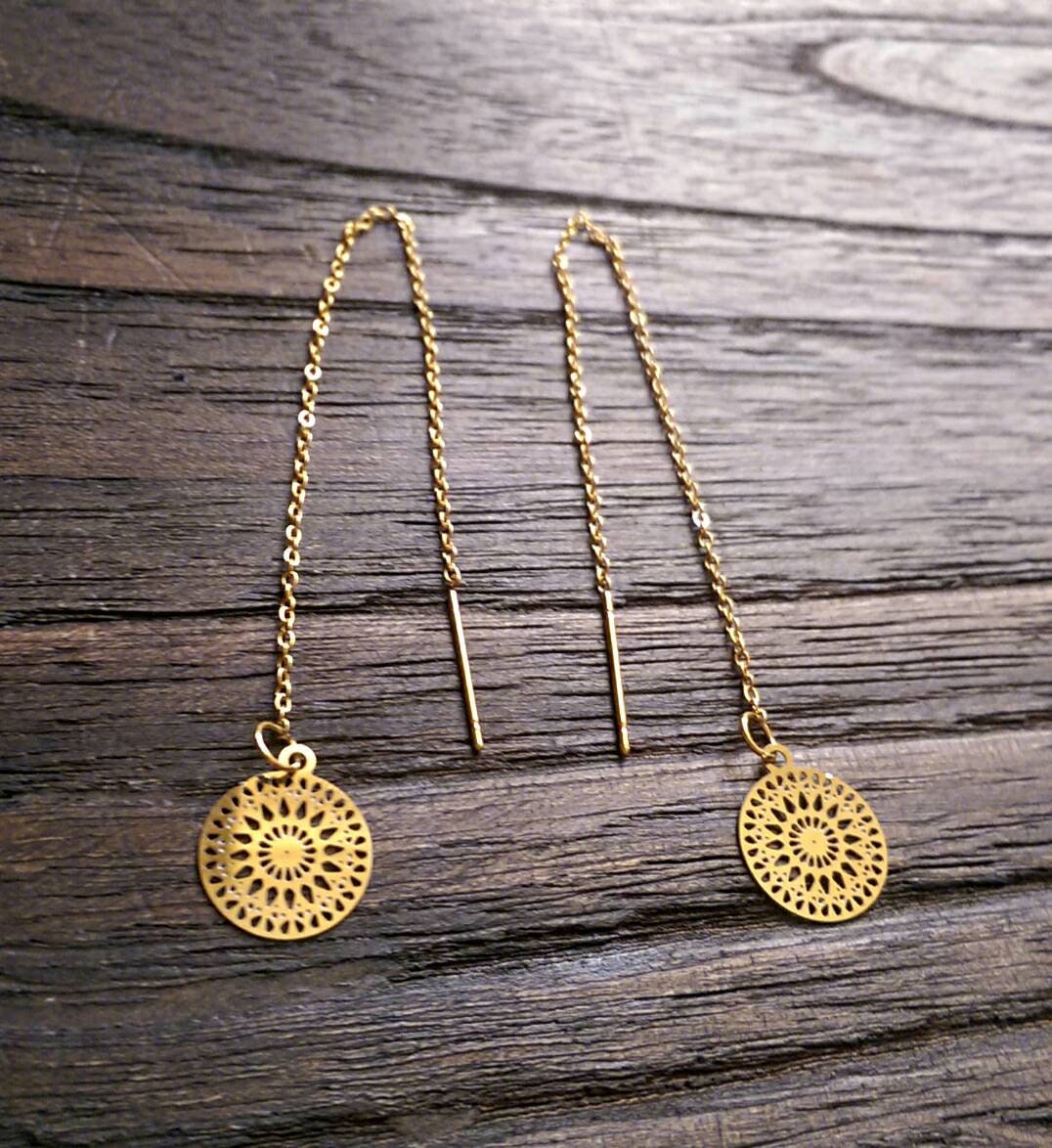Circle Threaders, Filigree Gold Stainless Steel, Dangle Thread Earrings, Gold Thread Earrings.