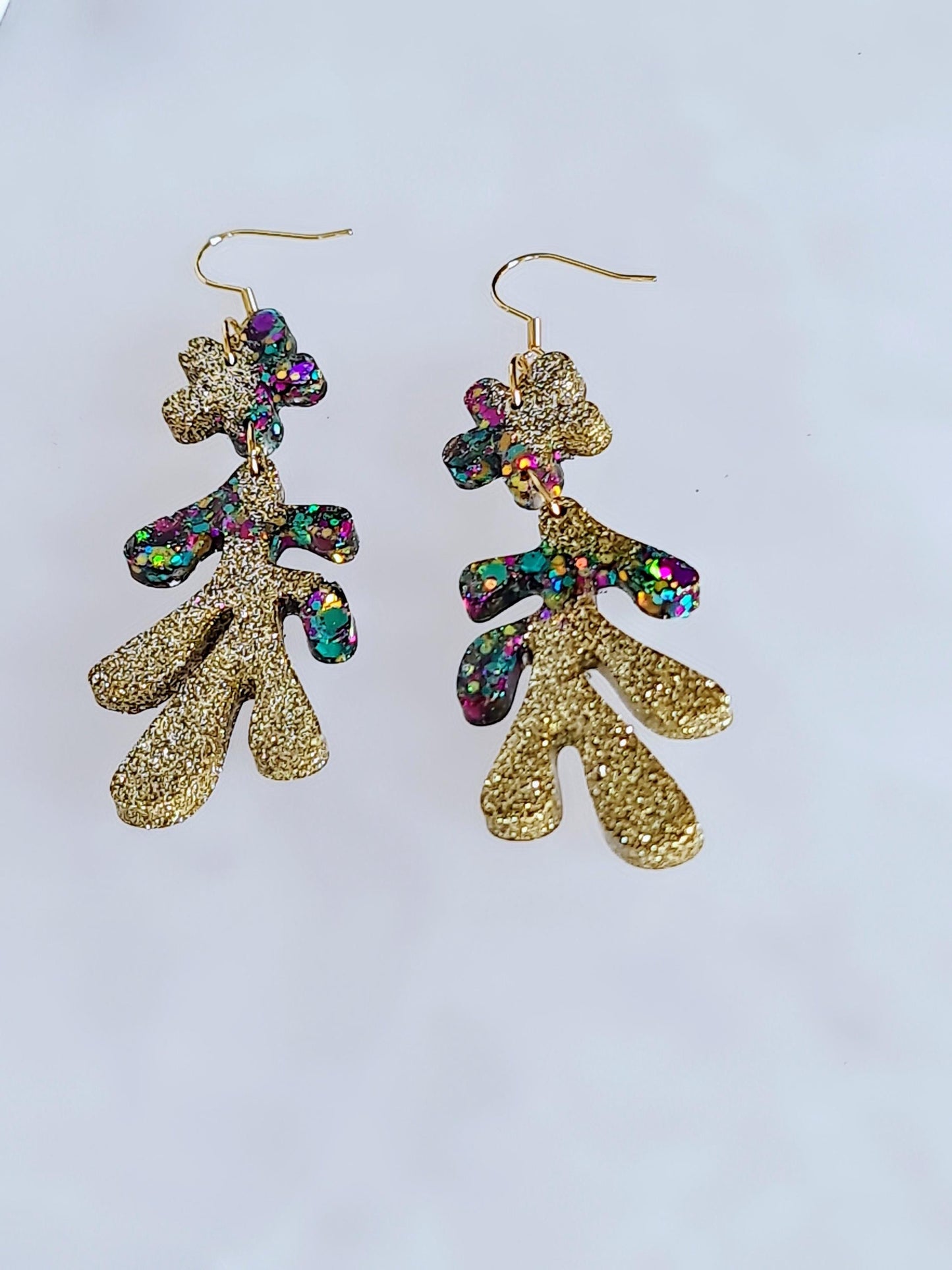 Gold Flower Leaves Dangle Drop Earrings, Gold Holographic, Teal, Purple Mix Glitter Dangles, Statement Earrings Stainless Steel, Lightweight