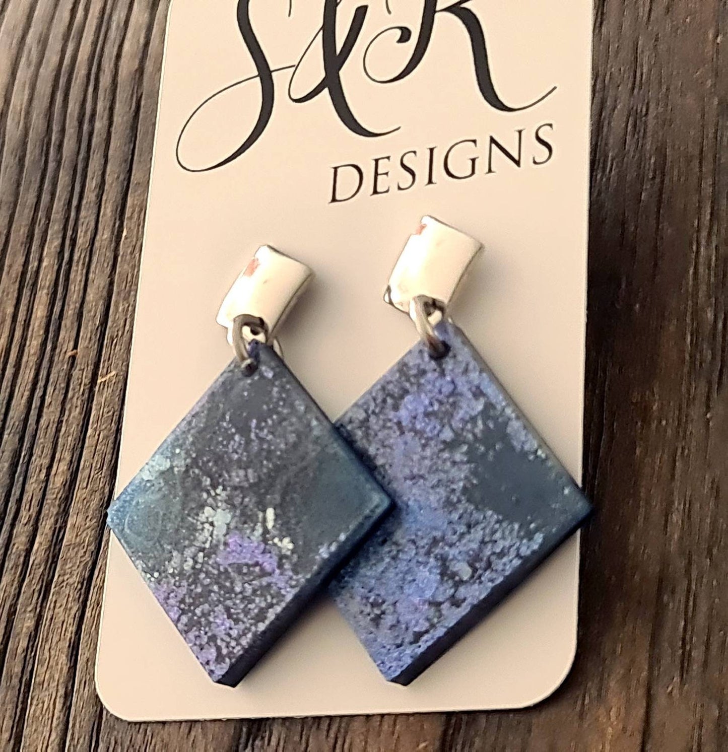 Silver Square Dangle Earrings, Blue, White, Purple Ink Mix Handmade Earrings, Resin Earrings, Stainless Steel Earrings, Statement Earrings