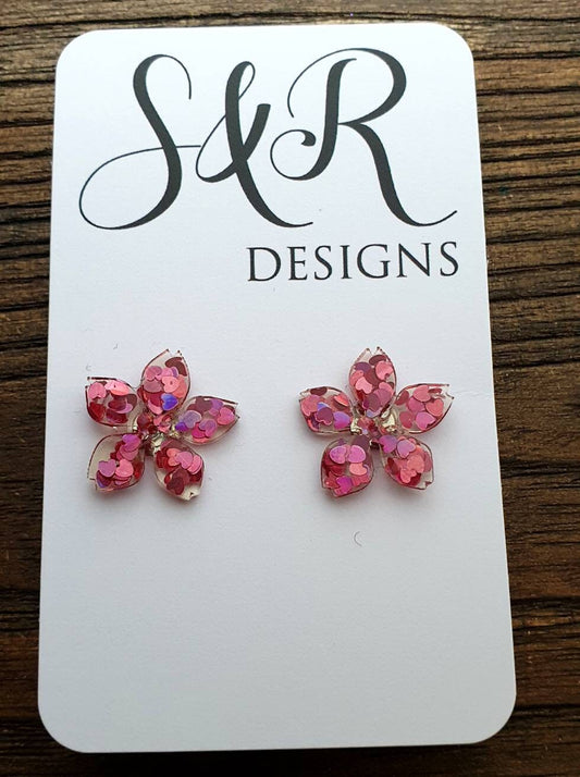 Flower Resin Earrings, Pink Purple Heart Glitter Earrings