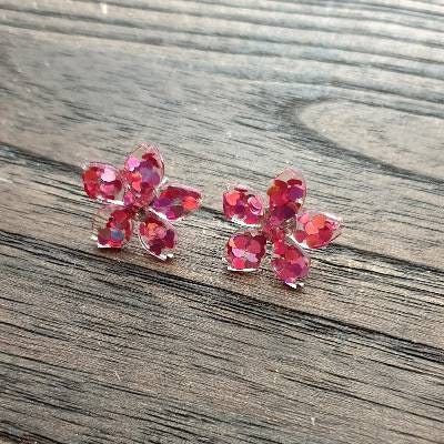 Flower Resin Earrings, Pink Purple Heart Glitter Earrings