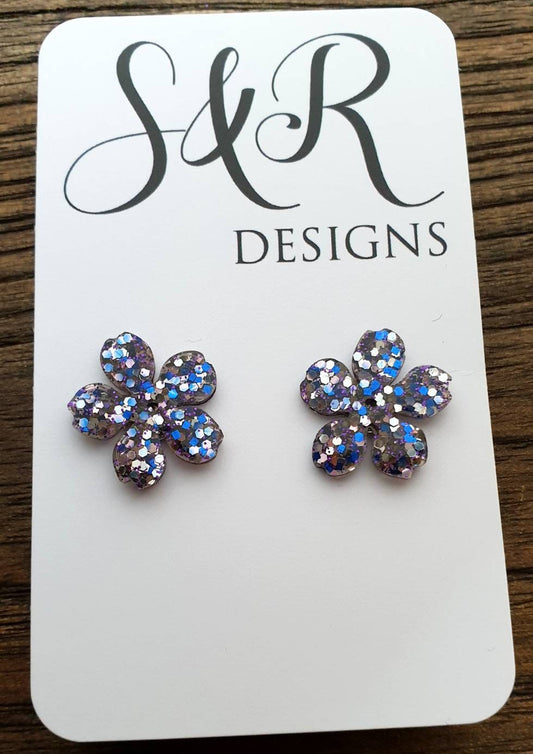 Flower Resin Earrings, Glitter Earrings, Purple Blue Silver Glitter Sparkly Stud Earrings