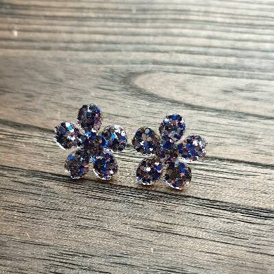 Flower Resin Earrings, Glitter Earrings, Purple Blue Silver Glitter Sparkly Stud Earrings