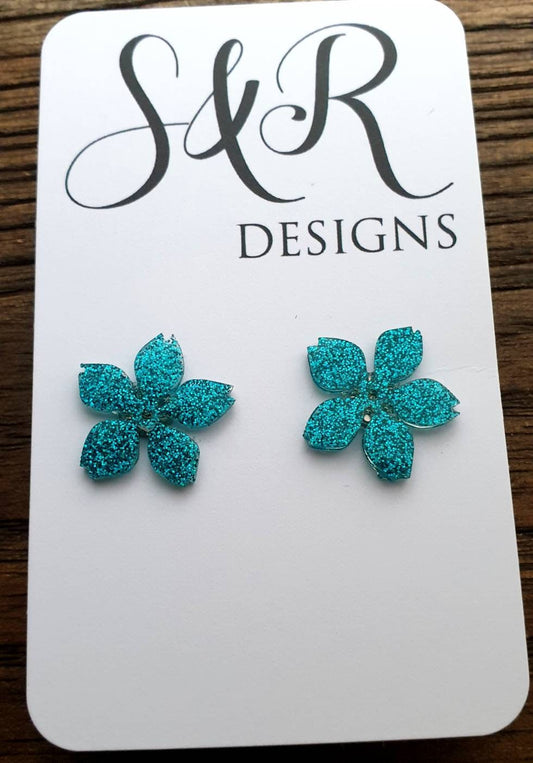 Flower Resin Earrings, Turquoise Glitter Earrings