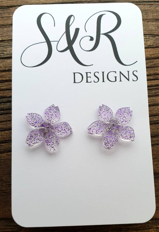 Flower Resin Earrings, Purple Glitter Earrings