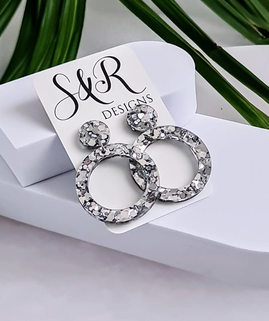 Silver Mirror Hoop Dangle Earrings, Acrylic Glitter Earrings, Stainless Steel Hypoallergenic Earrings, Statement Lightweight Earrings
