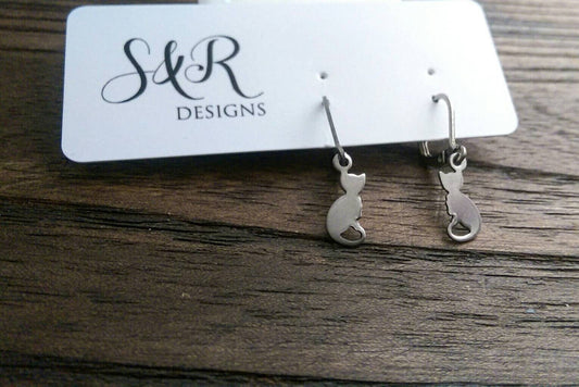 Tiny Cat Earrings, Stainless Steel Dangle Leverback Cat Earrings.