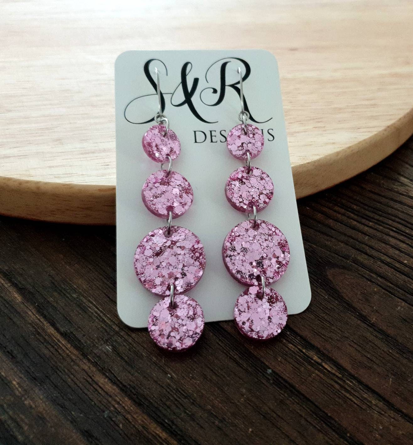 Pink Four Circle Long Hook Dangles Earrings, Statement Earrings, Pink Glitter Dangle Earwire Earrings