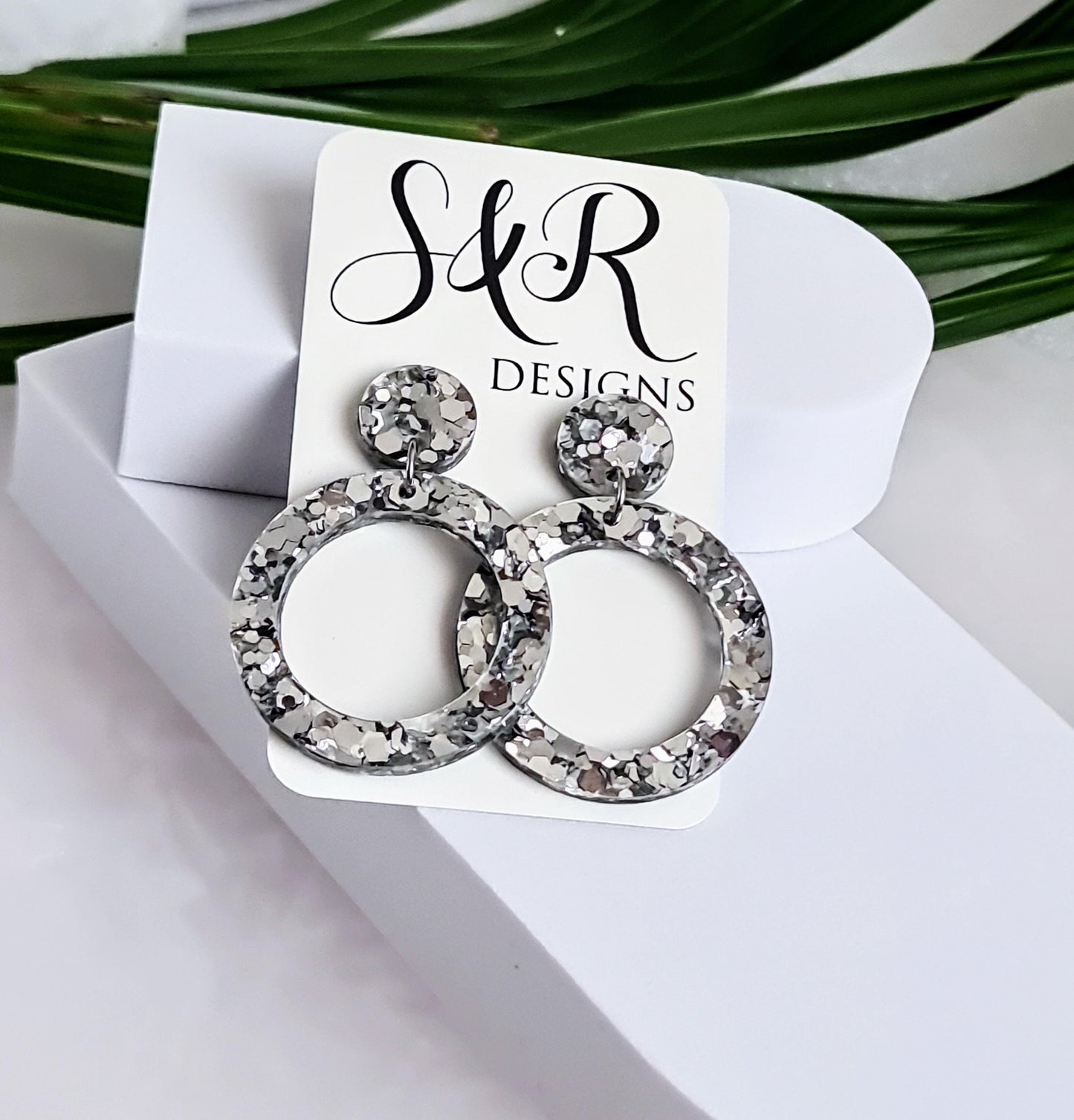 Silver Mirror Hoop Dangle Earrings, Acrylic Glitter Earrings, Stainless Steel Hypoallergenic Earrings, Statement Lightweight Earrings