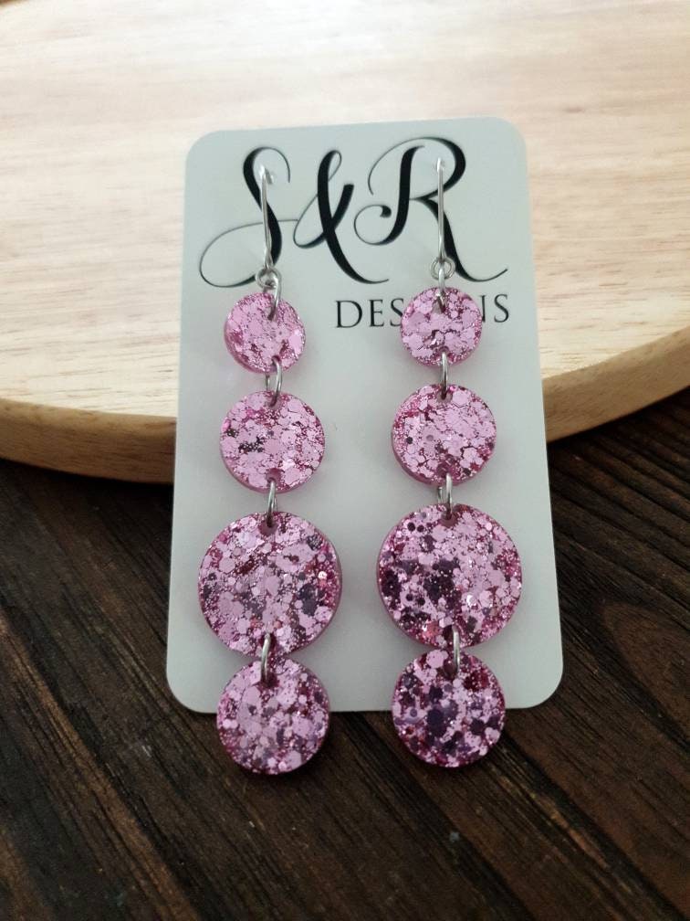 Pink Four Circle Long Hook Dangles Earrings, Statement Earrings, Pink Glitter Dangle Earwire Earrings