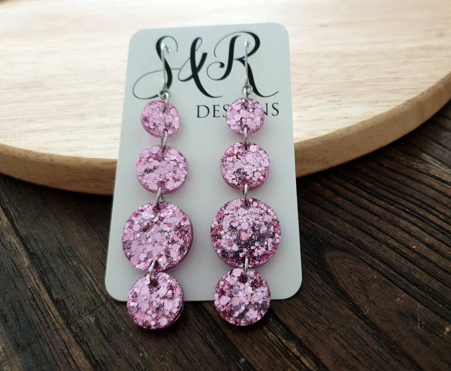 Pink Four Circle Long Hook Dangles Earrings, Statement Earrings, Pink Glitter Dangle Earwire Earrings