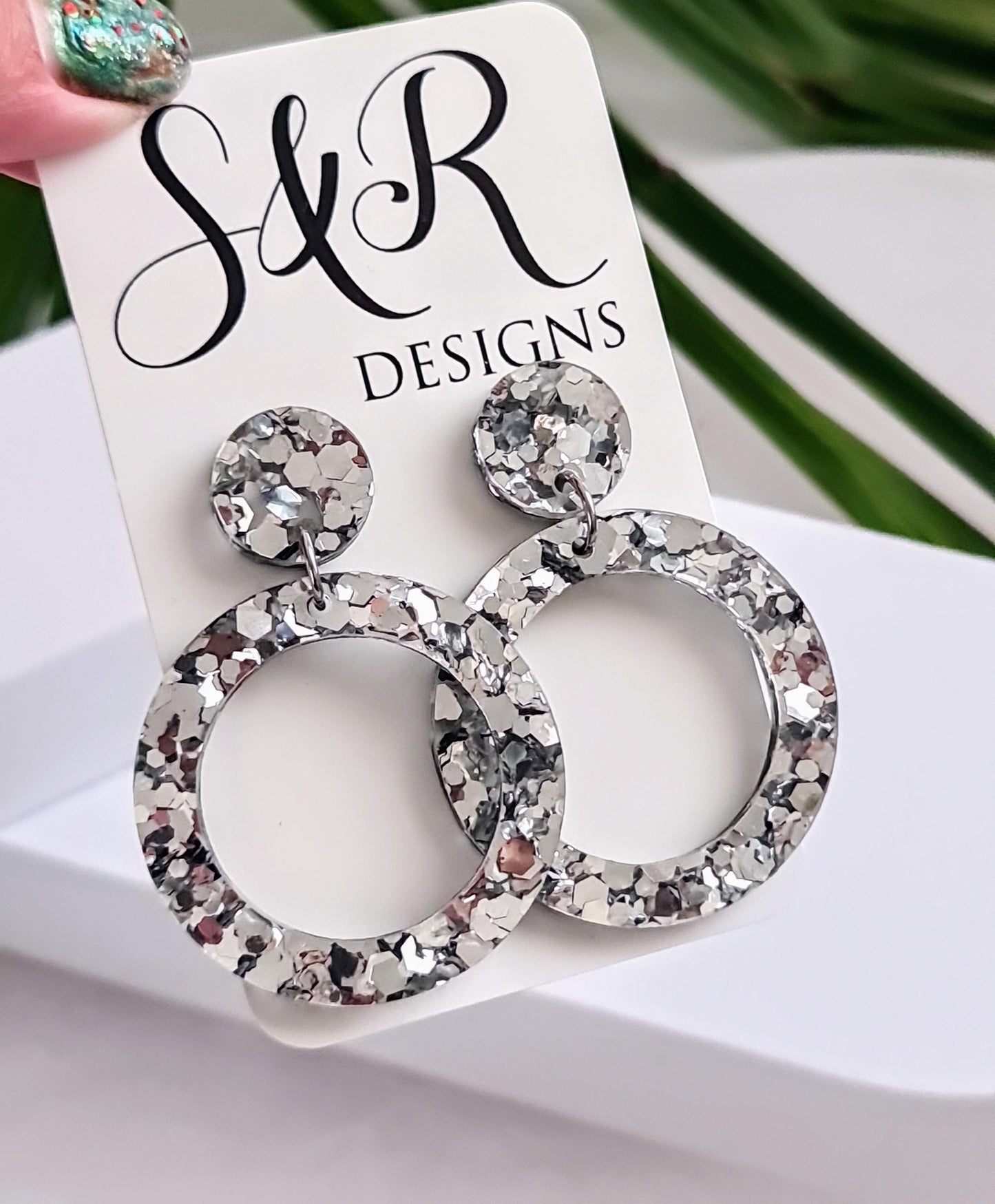 Silver Mirror Hoop Dangle Earrings, Acrylic Glitter Earrings, Stainless Steel Hypoallergenic Earrings, Statement Lightweight Earrings