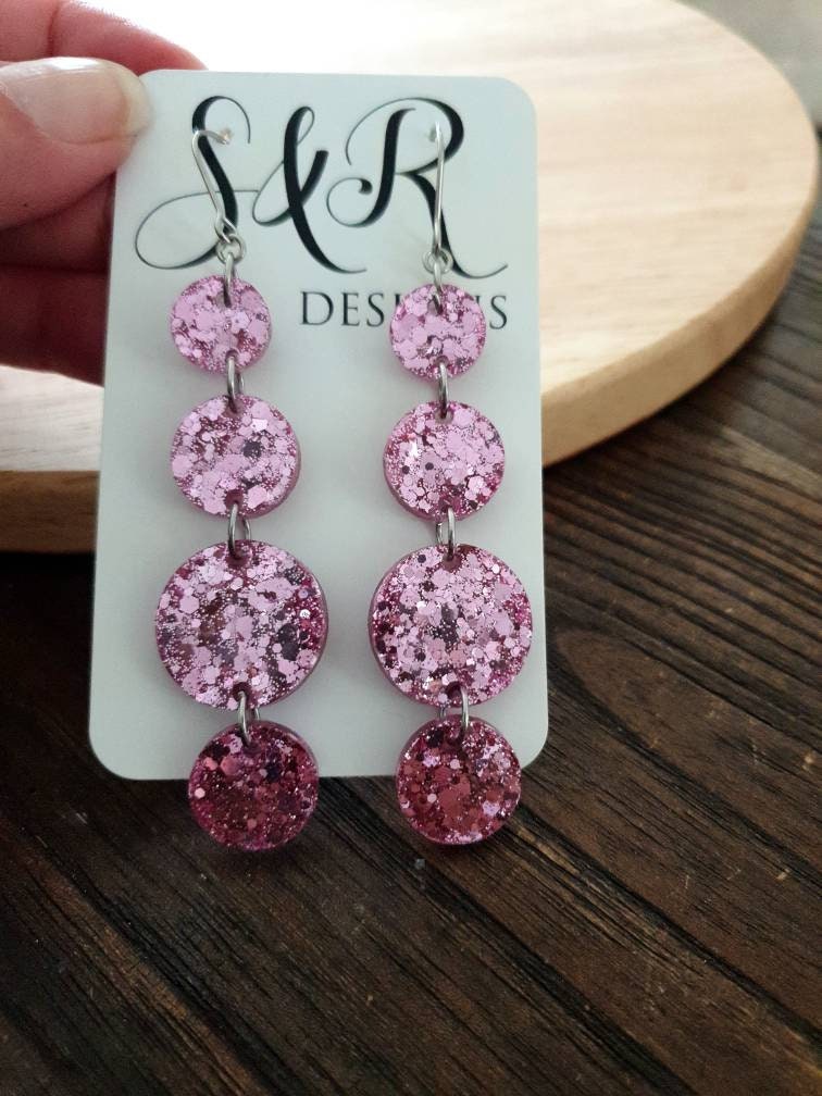 Pink Four Circle Long Hook Dangles Earrings, Statement Earrings, Pink Glitter Dangle Earwire Earrings