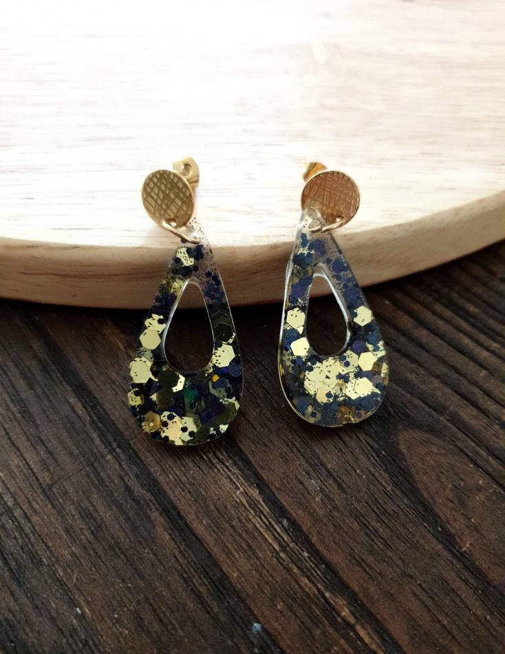 Black Gold Mix Teardrop Dangle Earrings, Resin Stud Earrings, Gold Stainless Steel Earrings, Statement Earrings