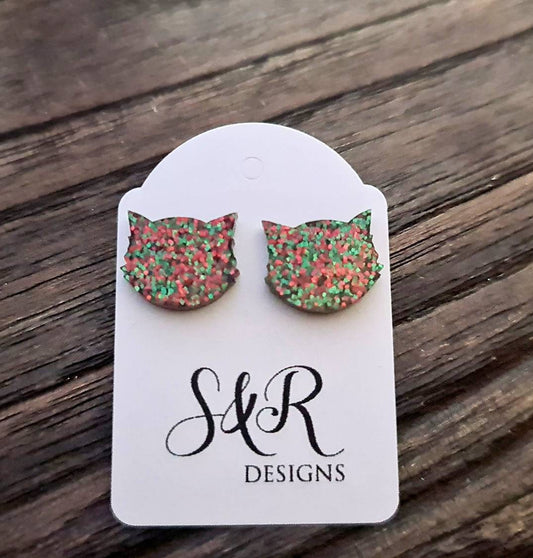 Cat Earrings, Cat Resin Stud Earrings, Red Green Christmas Glitter Earrings, Cat Glitter Earrings made with Stainless Steel.
