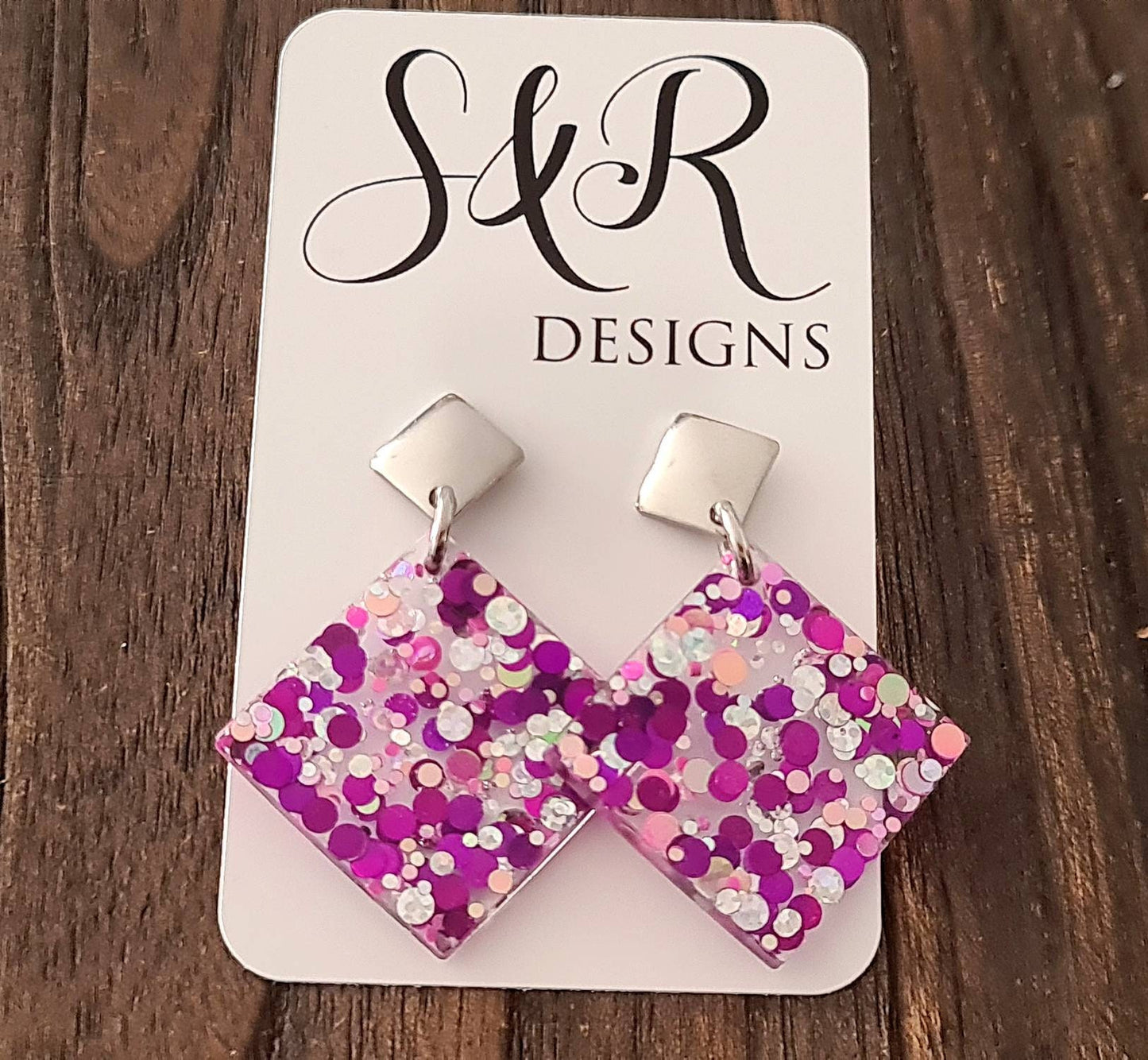 Elegant Square Dangle Earrings, Hot Pink Silver Holographic Glitter Earrings, Resin Earrings, Stainless Steel Earrings, Statement Earrings