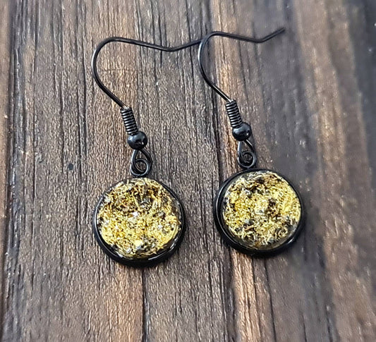 Black Bezel with Gold Shimmer Faux Druzy Dangle Earrings, Black Stainless Steel Bezel Hook Dangle Earrings