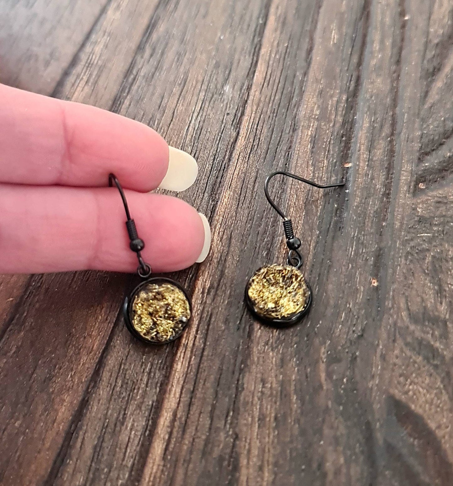 Black Bezel with Gold Shimmer Faux Druzy Dangle Earrings, Black Stainless Steel Bezel Hook Dangle Earrings