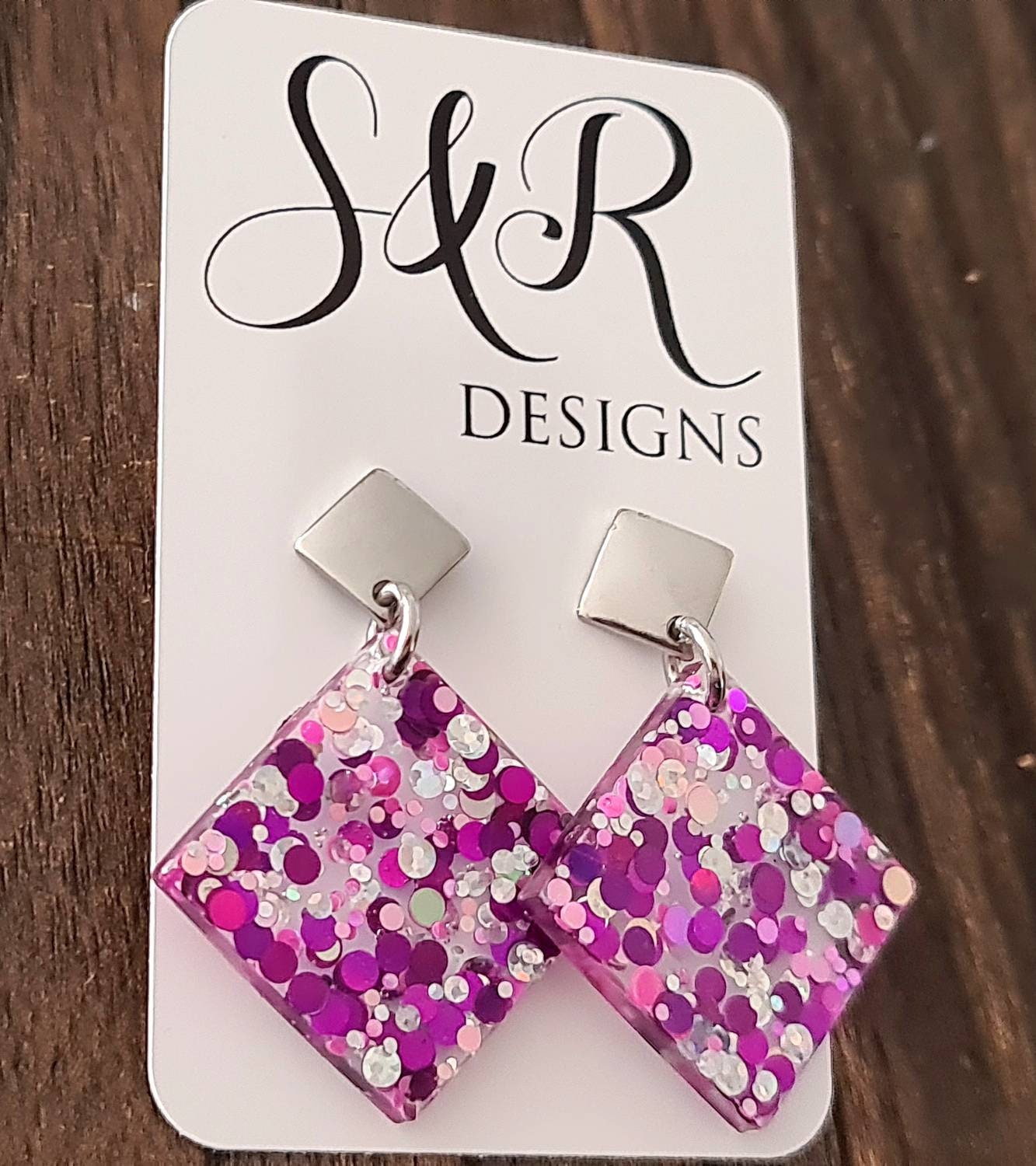 Elegant Square Dangle Earrings, Hot Pink Silver Holographic Glitter Earrings, Resin Earrings, Stainless Steel Earrings, Statement Earrings