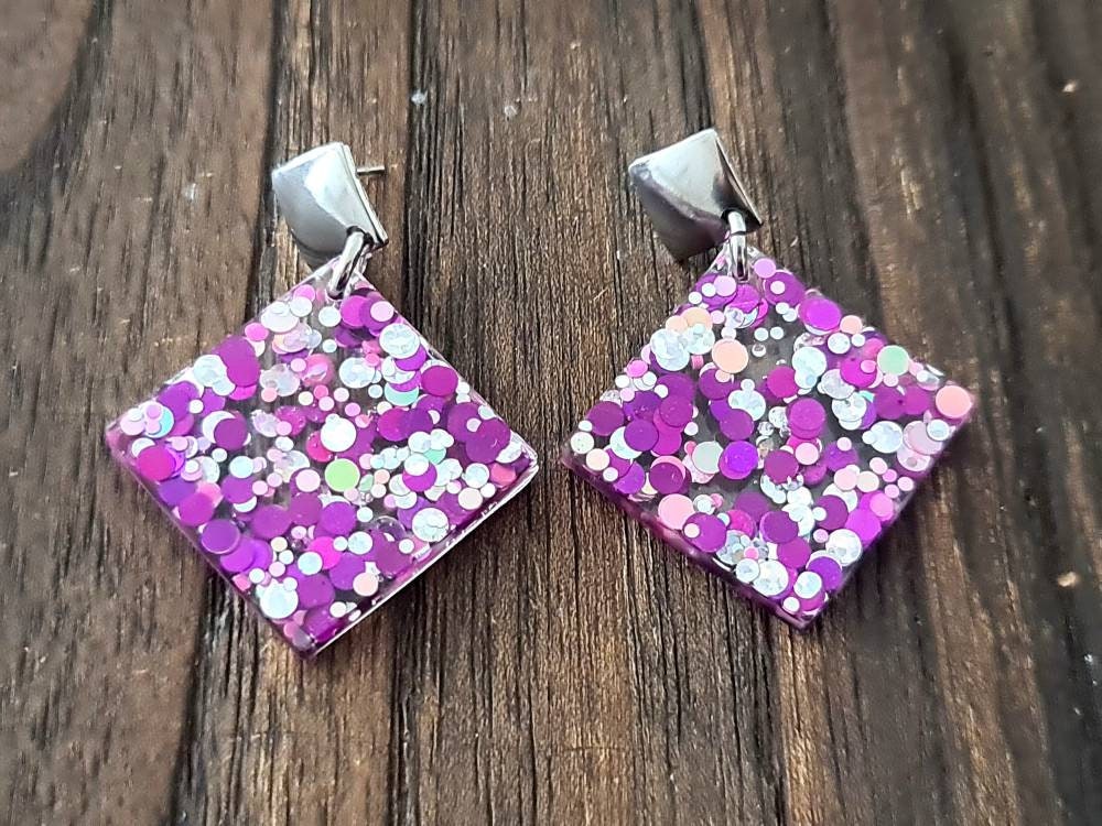 Elegant Square Dangle Earrings, Hot Pink Silver Holographic Glitter Earrings, Resin Earrings, Stainless Steel Earrings, Statement Earrings