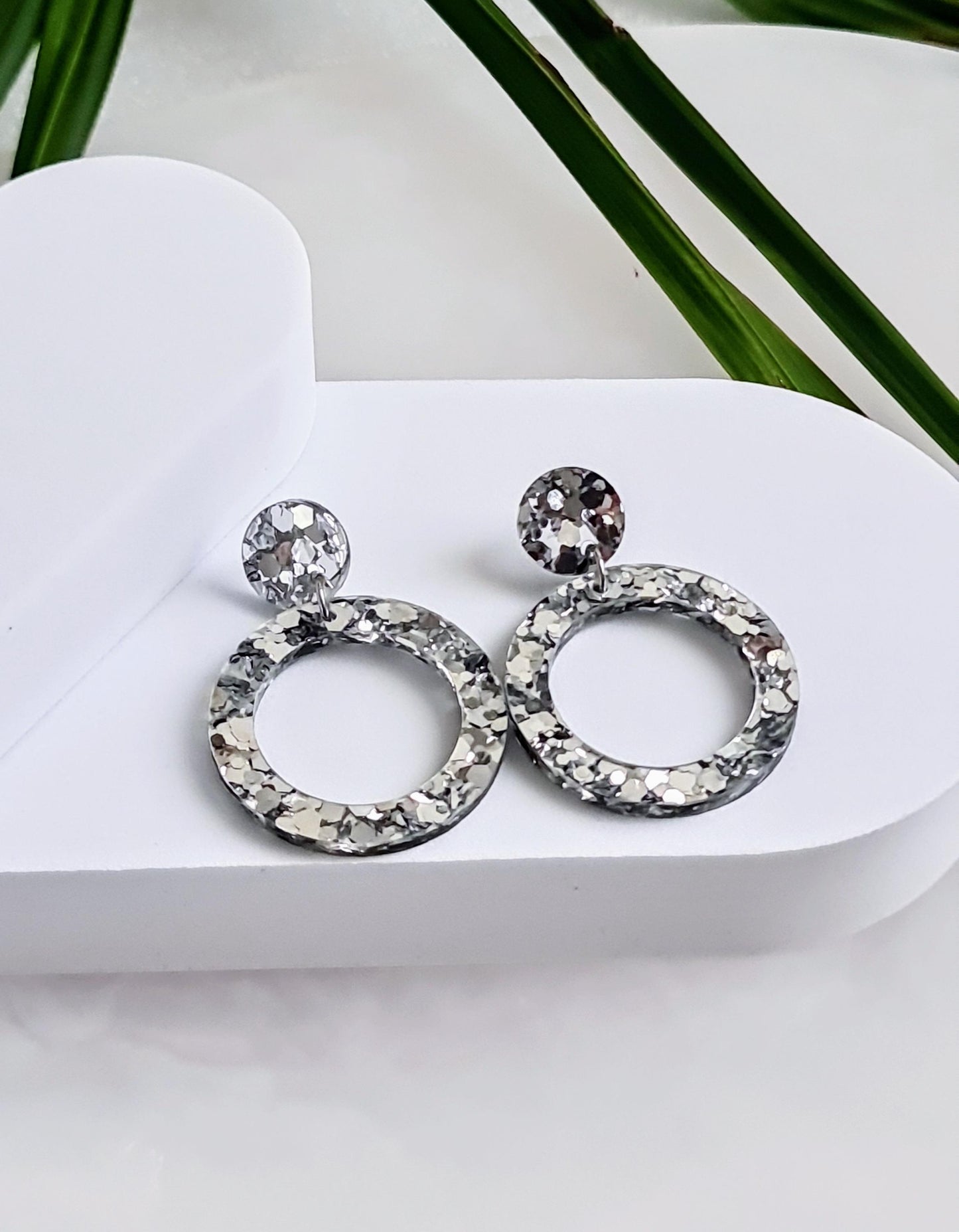 Silver Mirror Hoop Dangle Earrings, Acrylic Glitter Earrings, Stainless Steel Hypoallergenic Earrings, Statement Lightweight Earrings