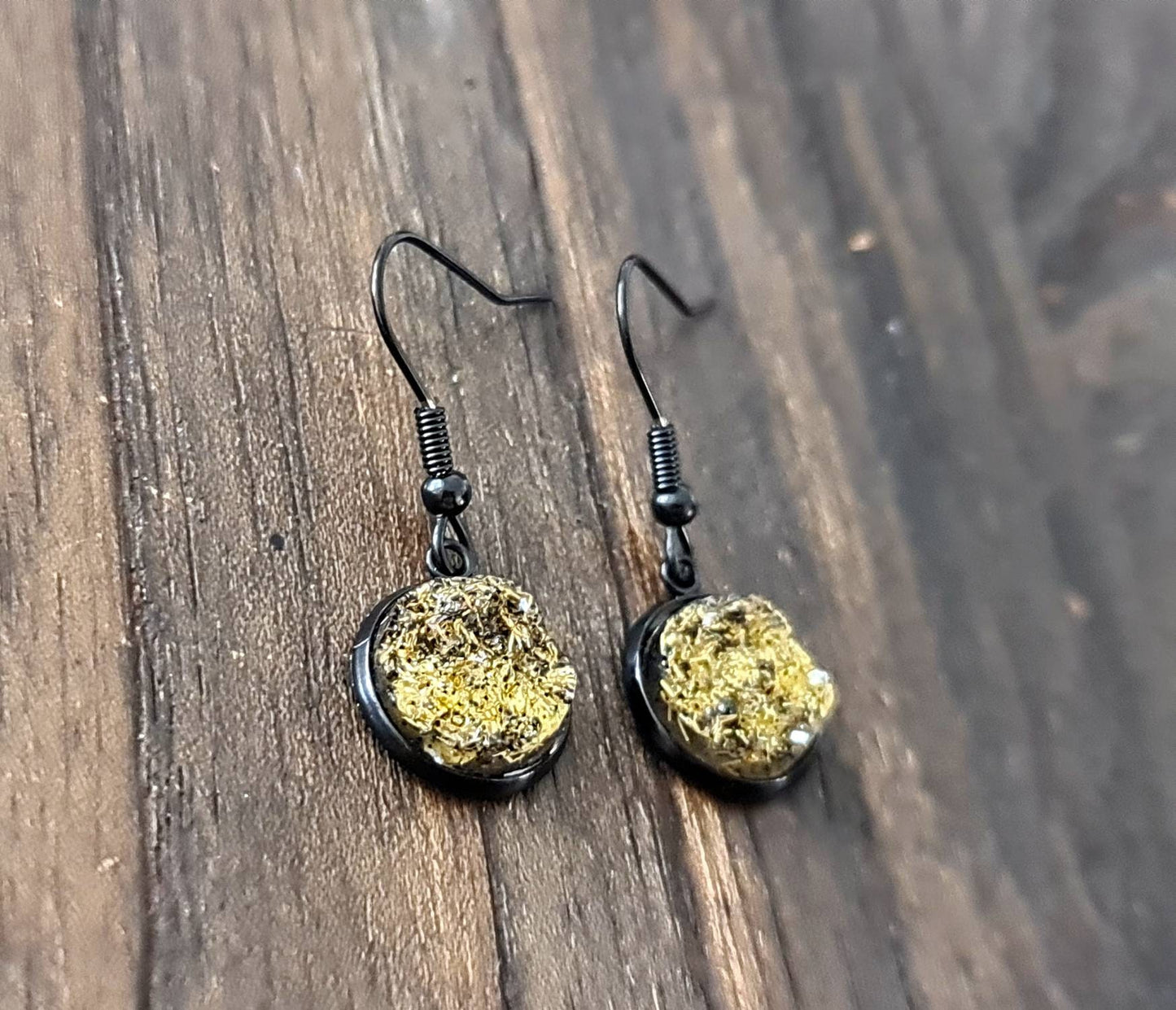 Black Bezel with Gold Shimmer Faux Druzy Dangle Earrings, Black Stainless Steel Bezel Hook Dangle Earrings