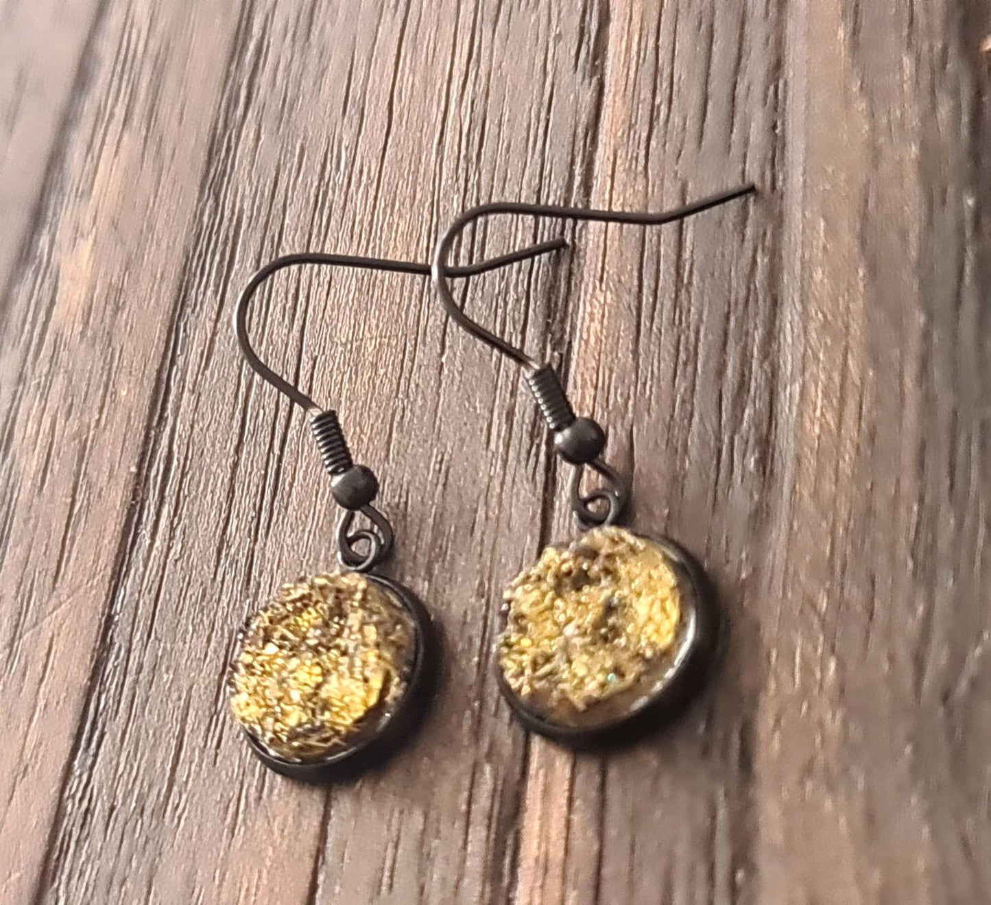 Black Bezel with Gold Shimmer Faux Druzy Dangle Earrings, Black Stainless Steel Bezel Hook Dangle Earrings