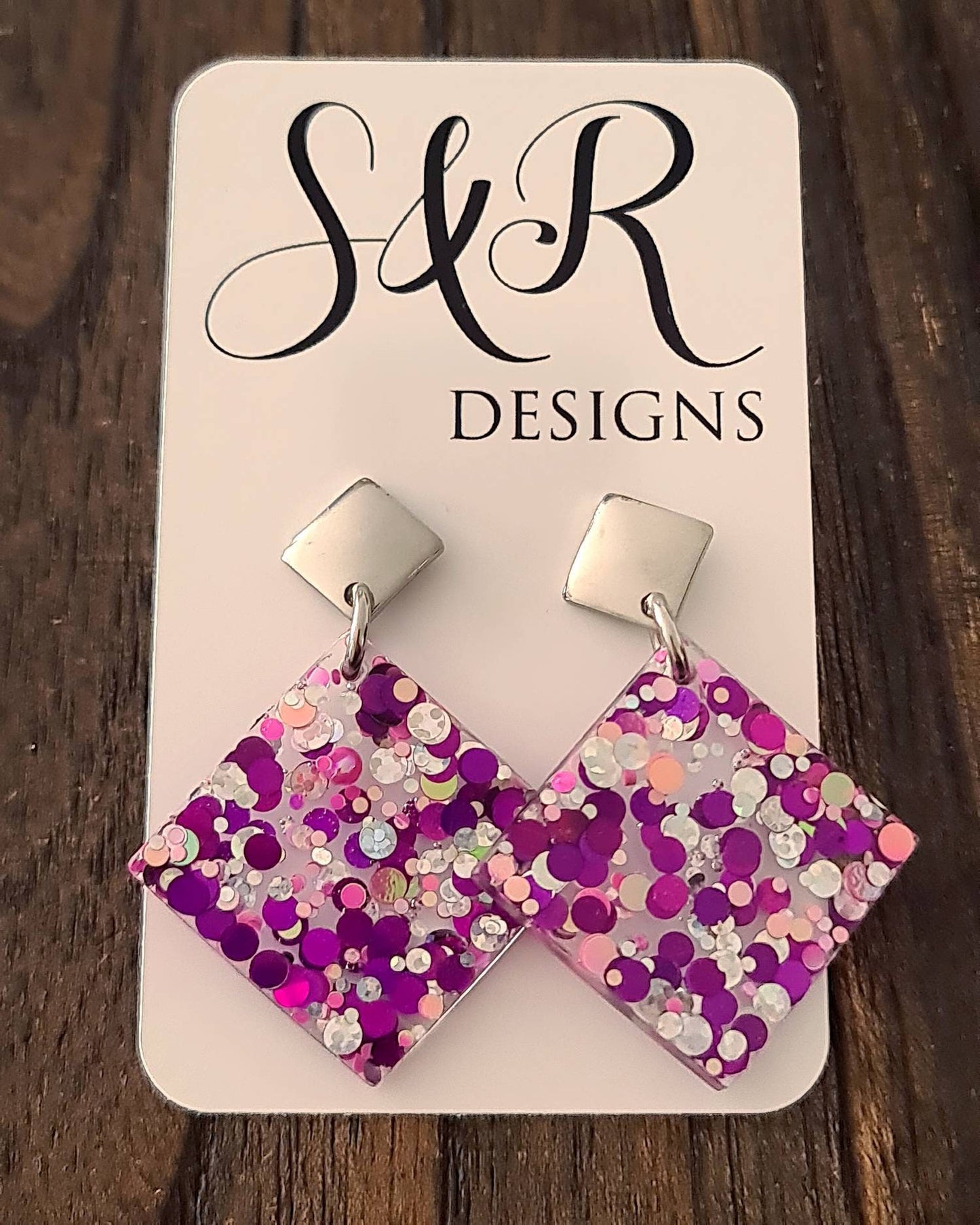 Elegant Square Dangle Earrings, Hot Pink Silver Holographic Glitter Earrings, Resin Earrings, Stainless Steel Earrings, Statement Earrings