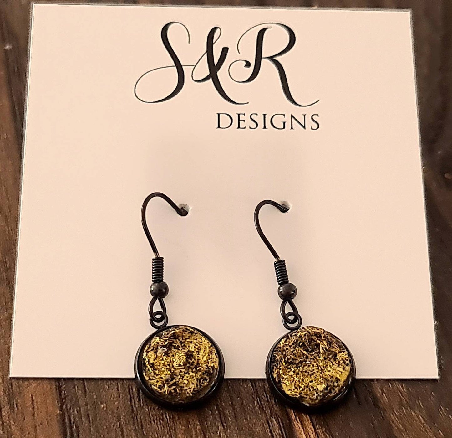 Black Bezel with Gold Shimmer Faux Druzy Dangle Earrings, Black Stainless Steel Bezel Hook Dangle Earrings