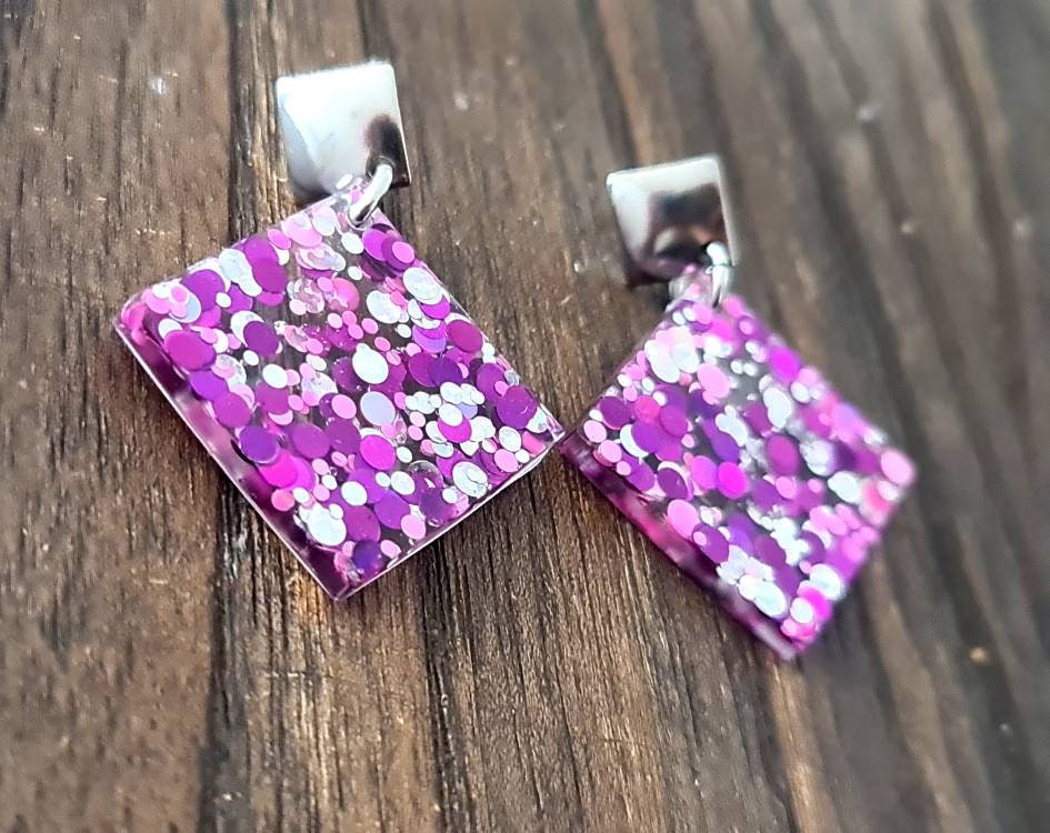 Elegant Square Dangle Earrings, Hot Pink Silver Holographic Glitter Earrings, Resin Earrings, Stainless Steel Earrings, Statement Earrings