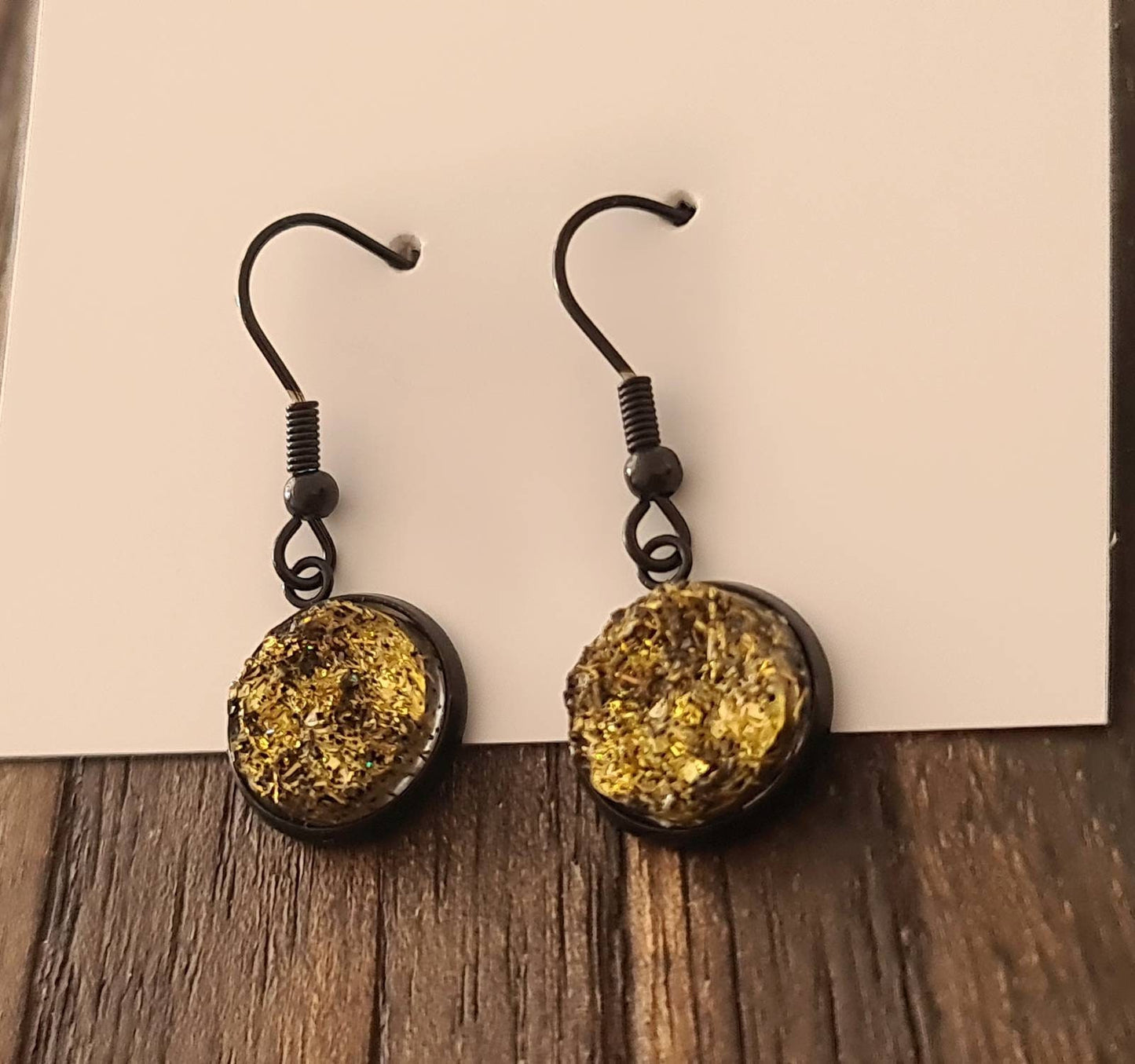 Black Bezel with Gold Shimmer Faux Druzy Dangle Earrings, Black Stainless Steel Bezel Hook Dangle Earrings