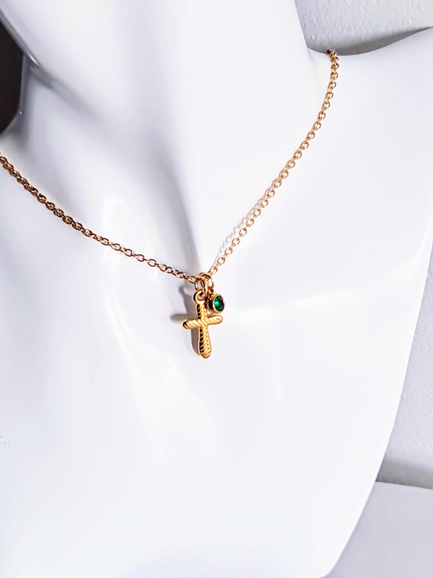 18K Gold Cross Necklace with Birthstone Charm, Customizable Christian Pendant, 9 Birthstone Colors, Dainty Gift for Her