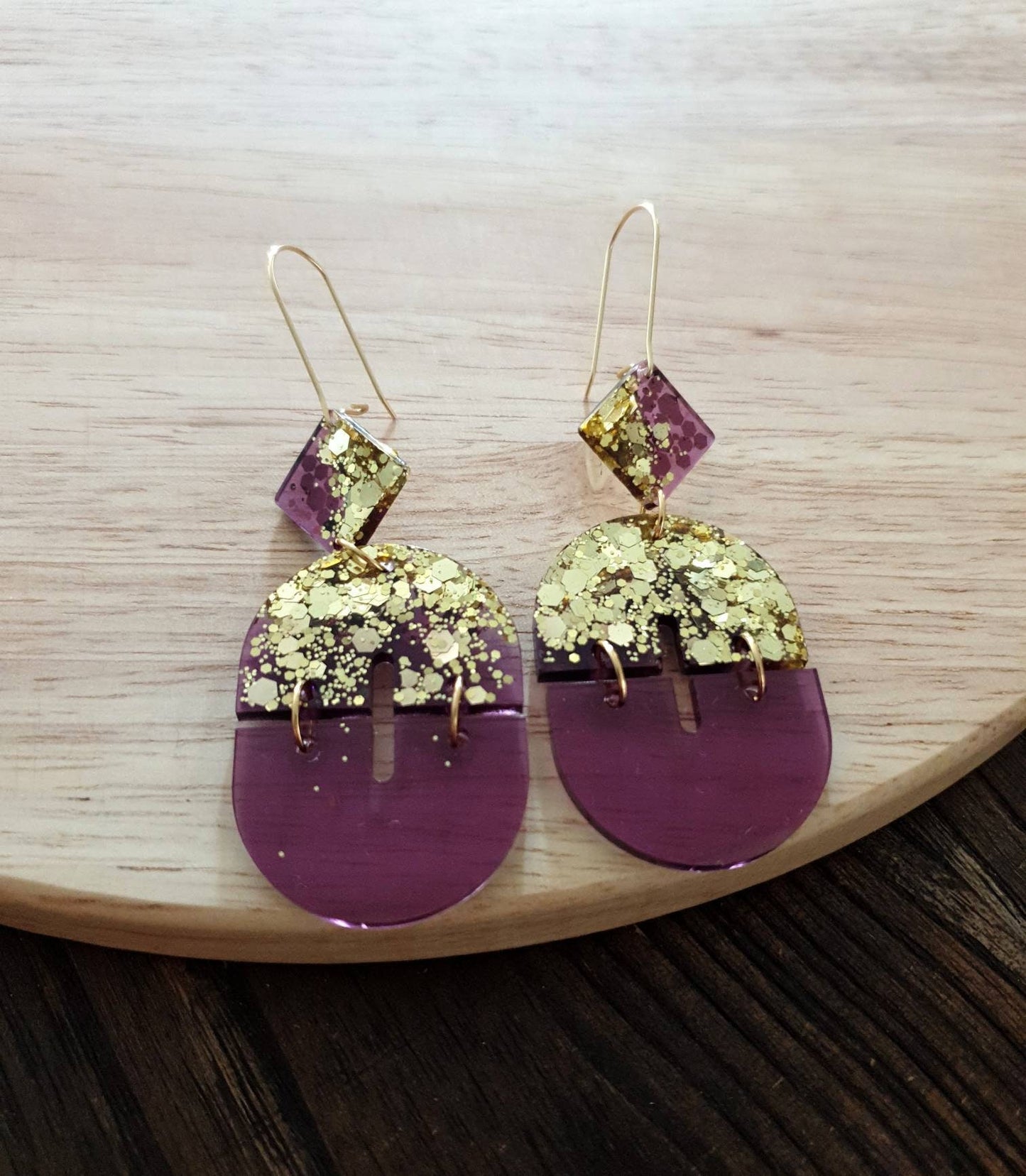 Mesmerizing Purple and Gold Double Arch Dangle Earrings, Gold Glitter and Purple Resin Dangles, Statement Earrings